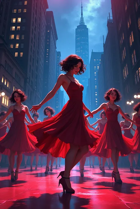 Create an anime style image with a scene from the musical Chicago, Where they are dancing, with perspective 