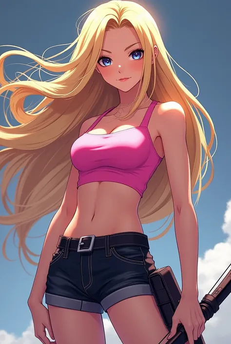 ,
Female,
Blonde hair 
58 slim and lean,
Highschool student,
Badass
Pink crop top,
Black jorts,
Sneakers,
Bow and arrow,
Anime style