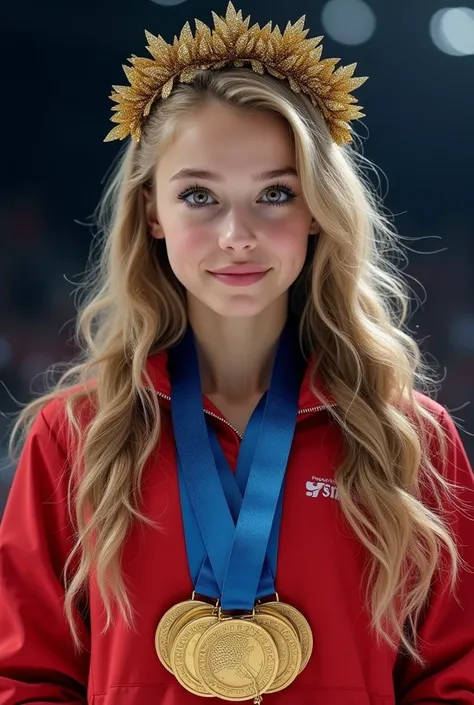 One teenage girl, blonde hair, hazel eyes, long wavy hair, wearing five gold medals around her neck, female figure ice skater, wearing a red russian winter sports jacket, wearing a golden laurel wreath, dark makeup, looking at the camera, realistic, photo ...