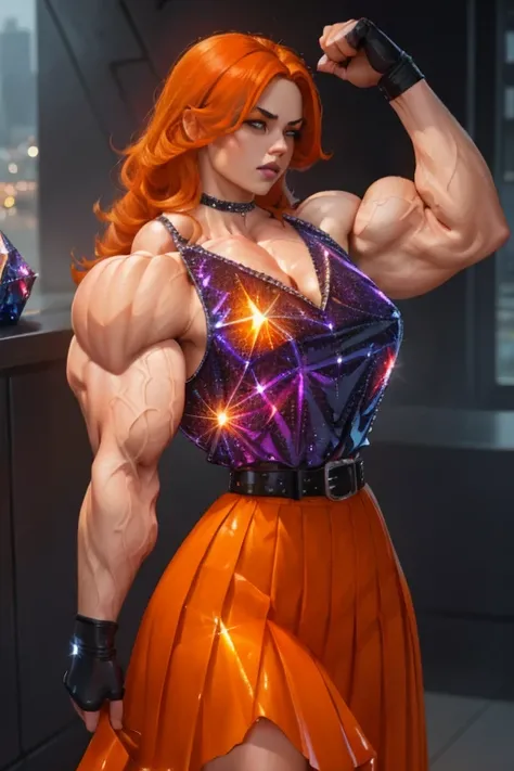 ((Close-up)), tall, ((orange hair)) beautiful muscular woman, long Shaggy hair, pale white skinned, closed smile, large breast, (black lipstick), (massive muscles), (hyper muscle), (((ginormous bulky muscles))), purple eyes, ((((orange sleeveless Crystalli...