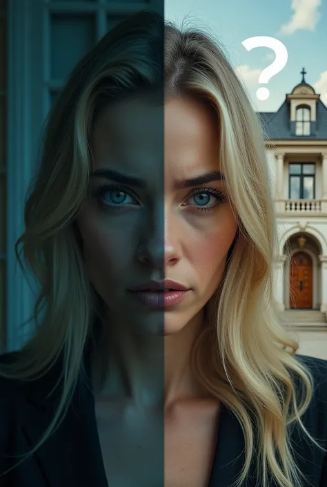 Uma thumbnail no estilo viral do YouTube com uma imagem dividida. on the left side, a sad blonde woman with blue eyes looking down. On the right side, a luxurious mansion with a grand entrance door. In the background, a big floating question mark.  The des...