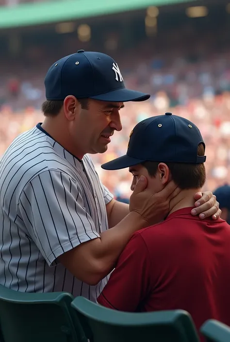 New York Yankees fan comforting crying Boston Red Sox fan 