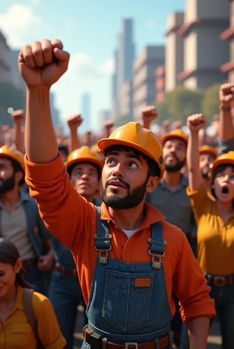 A crowd of workers raising their left fists in Pixar 3D style