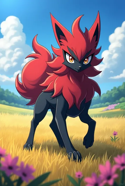 Ask me to generate an image of Zoroark in anime style, with its characteristic design, in a vibrant and colorful environment, like a field under the sun.



