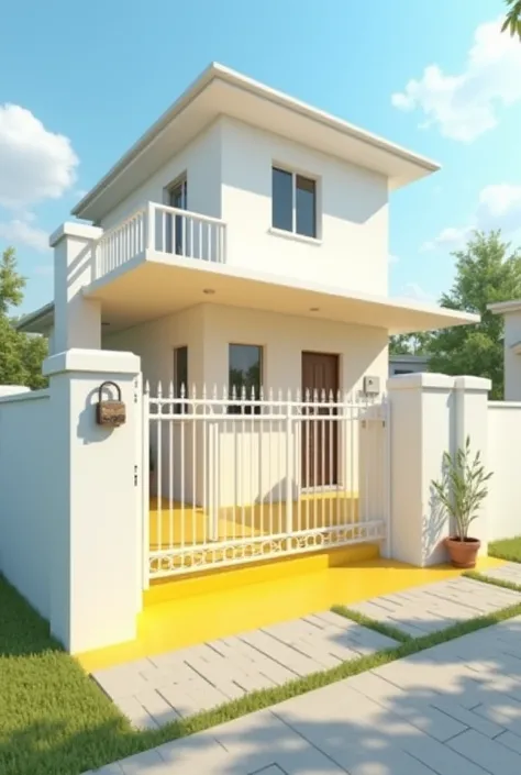 An empty lot with a simple house made of yellow painted floors with a garage, 2 storey with a balcony, a white aluminum gate with padlock with white walls