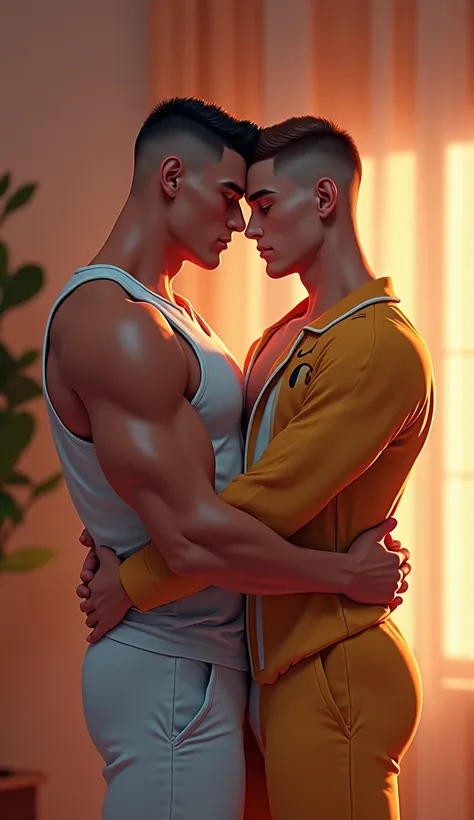 two men, a muscular man wearing white tank top, man wearing cat pajamas, hugging, undercut hairstyles, detailed facial features, mens fashion, intimate embrace, (best quality,4k,8k,highres,masterpiece:1.2),ultra-detailed,(realistic,photorealistic,photo-rea...