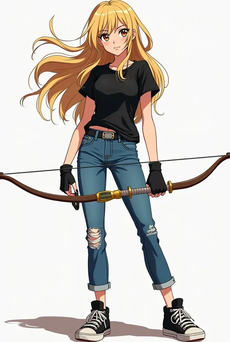 ,
Female,
Blonde hair 
58 slim and lean,
Highschool student,
Badass
black T-shirt,
Denim jorts,
Sneakers,
Bow and arrow,
Anime style