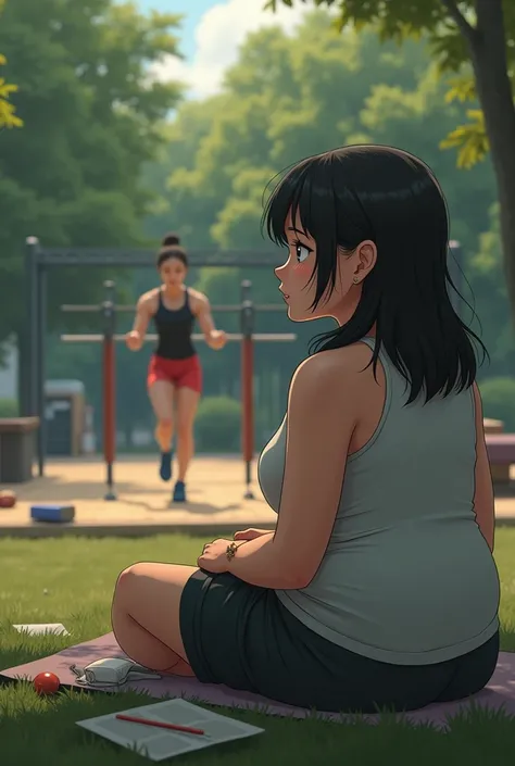 Overweight girl sitting watching her sportsman friend training
