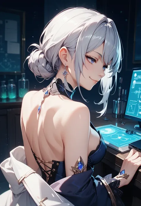 1girl,Alone, looking away, anime, from behind, smug ness, beautiful Hand, nsfw, silver Hair, (Defecation), (Genshin Impact:0.8), (masterpiece, ultra-detailed), Ultimate Quality, (Dark Laboratory), night, room