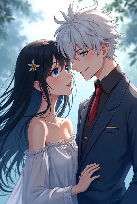 Anime girl with black hair who is beautiful Next to her was a boy with white hair and blue eyes, smiling gojo Satoru 