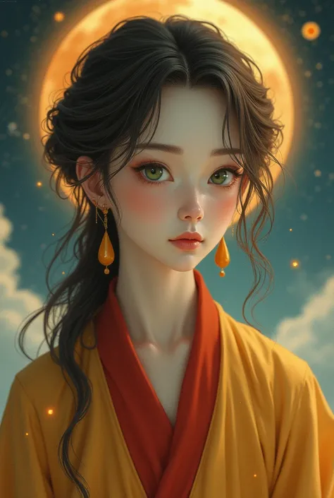 mature woman, small, upturned nose, european,with skin as white as paper, with a thin face, skinny, serious gaze, small, very light green eyes,  Brown hair, somewhat disheveled and wavy that reaches his neck, dressed in a golden and red Buddhist robe, She ...