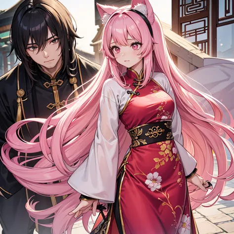 A young girl with pink cat ears, long frontal bangs, long light pink messy hair, red female chinese clothes with patterns, pink eyes, Couple, a tall man, Chinese clothes, black eyes and very long black hair