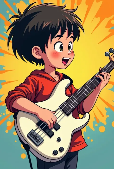  child of 11 years, bass guitar, White, very short straight hair in comic format