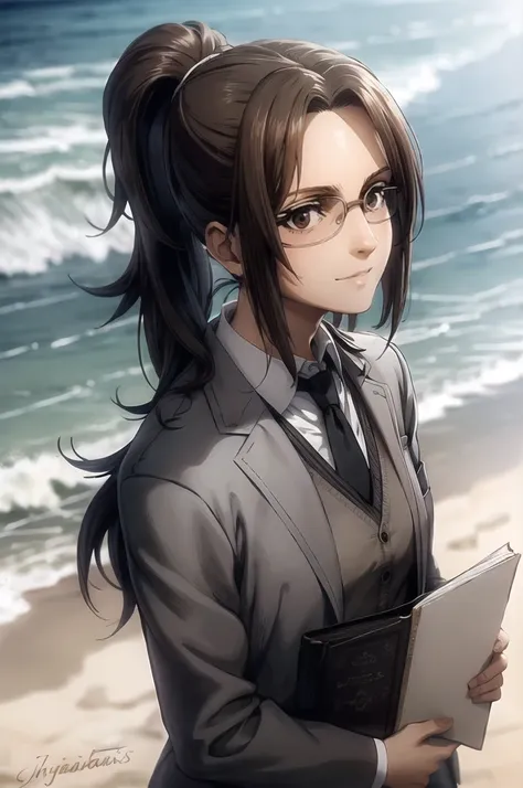 portrait of beautiful HangeAOT, 1girl, solo, brown_hair, glasses, eyepatch, Grey suit with perfect tie , Masterpiece , background a beach with sea , realistic hands , Detailed realistic painting, hd,, White silk shirt, black tie, Messy ponytail, Perfect de...