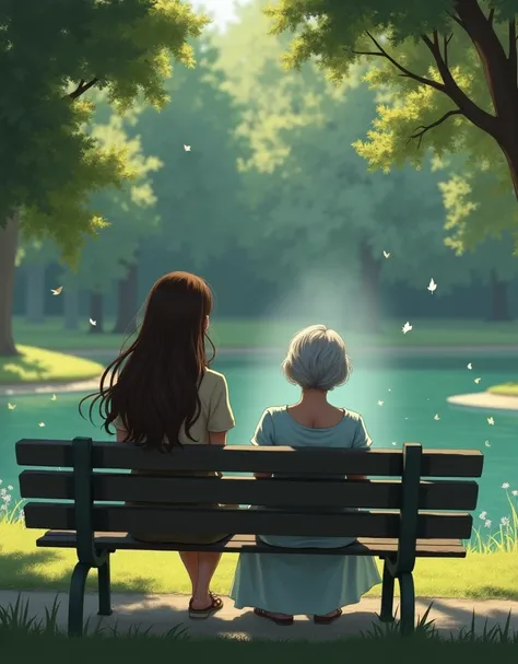 Granddaughter with long brown hair sitting on a park bench with her back turned and her elderly grandmother with short hair who has passed away sitting next to her
