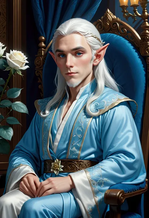 a handsome and majestic white-haired elf. white beard 
wearing a sky blue robe, sitting on a blue chair, holding a white rose, detailed facial features, detailed clothing, detailed background, intricate details, cinematic lighting, dramatic lighting, vibra...