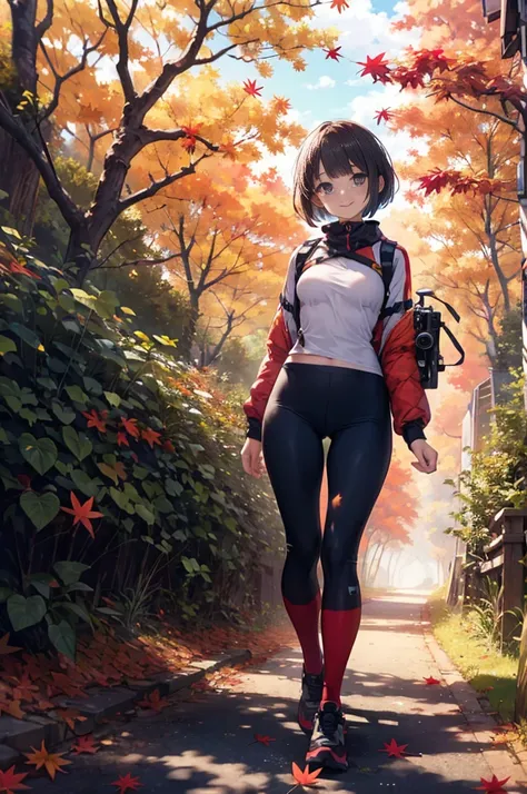 (masterpiece), 4K,woman,I have a camera,Small breasts,Bobcut,Solar,Realistic, skinny, Trekking pants smile,,((Autumn foliage stroll)),