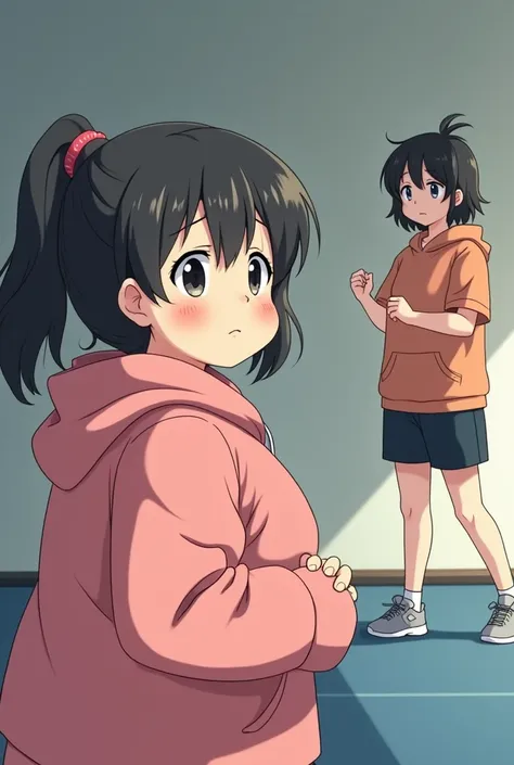 Fat anime girl watching her friend training