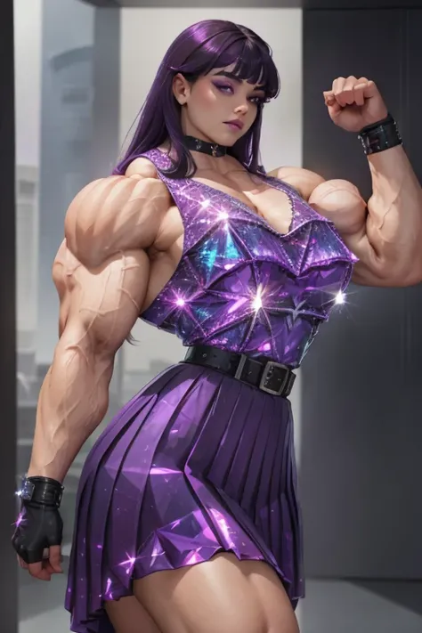 ((Close-up)), tall, ((violet purple hair)) beautiful muscular woman, long hair with long bangs, pale white skinned, closed smile, large breast, (black lipstick), (massive muscles), (hyper muscle), (((ginormous bulky muscles))), bangs eyes, ((((violet sleev...