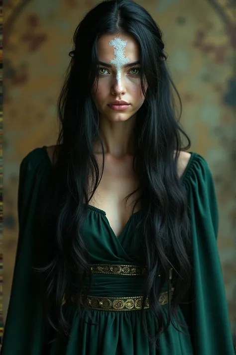 Woman with black and white hair. A white spot running across your face. One green eye and one yellow eye. Hair below the hips. medieval dress. Black dress with dark green details. realistic image. high quality image.  real woman. White spot on the face. wi...