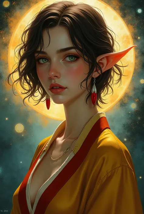 adult woman, small, upturned nose, european,with skin as white as paper, with a thin face, serious gaze, small, very light green eyes,  Brown hair, somewhat disheveled, wavy and short, dressed in a golden and red robe, She has earrings in the shape of drop...