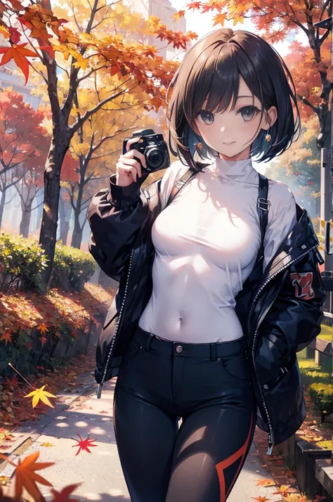 (masterpiece), 4K,woman,I have a camera,Small breasts,Bobcut,Solar,Realistic, skinny, Trekking pants smile,,((Autumn foliage stroll)),