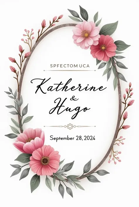 10x10cm oval wedding label, Flowers and elegant and fine shiny crystal silver details with a text with thin letter font that says the following "Katherine and Hugo wedding September 28, 2024"