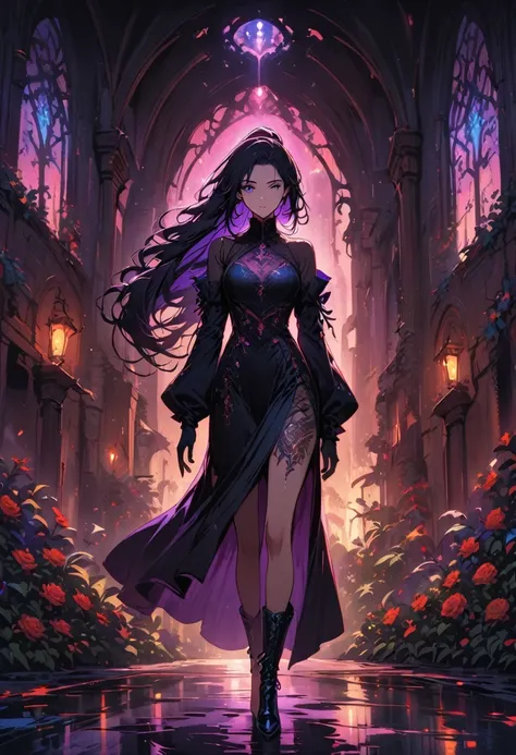 a detailed portrait of a female assassin in a dark fantasy setting, with long flowing hair in shades of black and purple, Tattood on the face, piercing blue eyes that emanate a sense of danger [detailed eyes, piercing blue:1.1], wearing a sleek black leath...