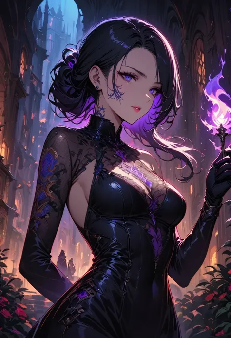 a detailed portrait of a female assassin in a dark fantasy setting, with long flowing hair in shades of black and purple, Tattood on the face, piercing blue eyes that emanate a sense of danger [detailed eyes, piercing blue:1.1], wearing a sleek black leath...