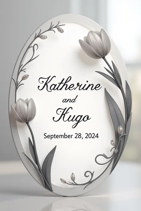 10x10cm oval wedding label, Elegant and fine shiny crystal silver tulips with a text with thin letter font that says the following "Katherine and Hugo wedding September 28, 2024"