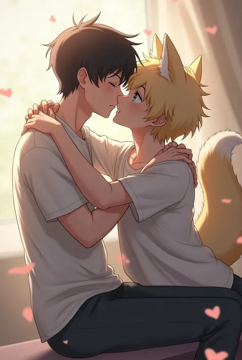 A blonde, brown-eyed boy with dog ears kissing a black-haired, blue-eyed boy who is taller than the blonde boy 