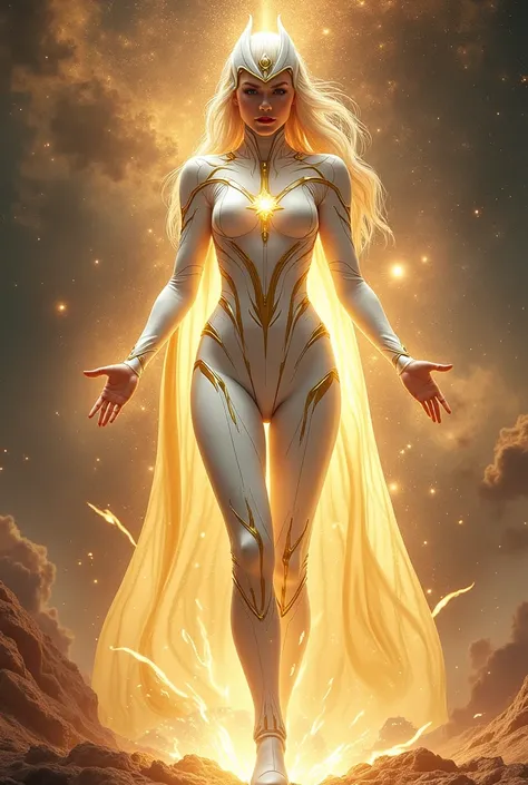 A superheroine costume that is capable of altering reality
The suit must be with White and gold tones