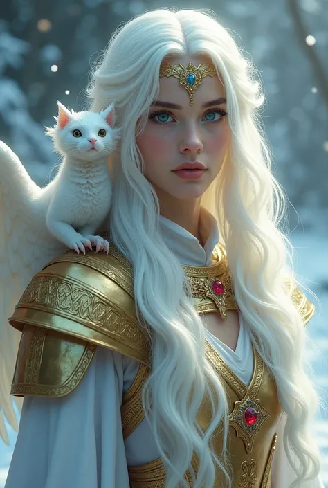 create a being from mythology , he has one green eye and one blue eye, her hair is white and long, he has a golden dragon wing that is white and glows inside,he wears medieval clothes and golden armor, also uses a valkyrie, On her forehead is a small ruby ...