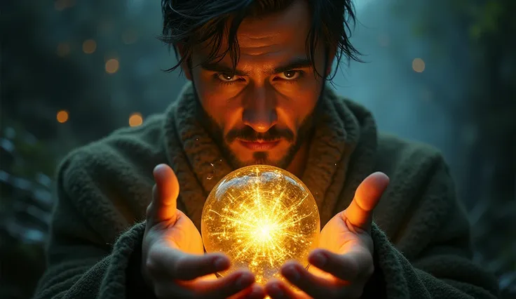 Surreal portrait of a man holding a golden amulet. The amulet cracks revealing a swirling dark energy, mystical and dreamlike. WITH DARK SHADOWS BEHIND. THE OVERALL MOOD IS DREAMY AND MYSTICAL WITH VIVID COLORS AND INTRICATE DETAILS. DSLR, Cinematic Lighti...