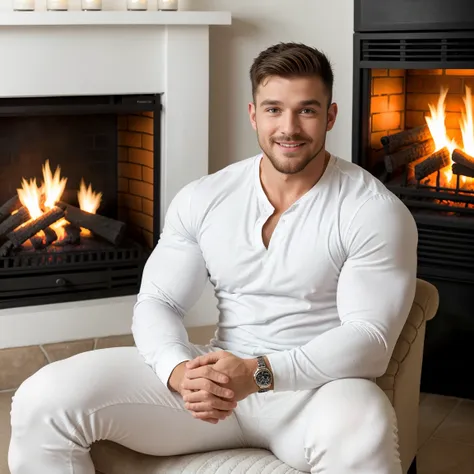 1man, a portrait of a charismatic muscular man, 30 years old, small beard, gloomy blue eyes, sitting by a fireplace and smiling ...