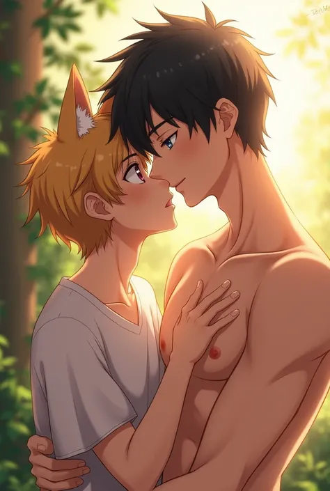 A blonde, brown-eyed boy with dog ears kissing a black-haired, blue-eyed boy who is taller than the blonde boy and is shirtless 