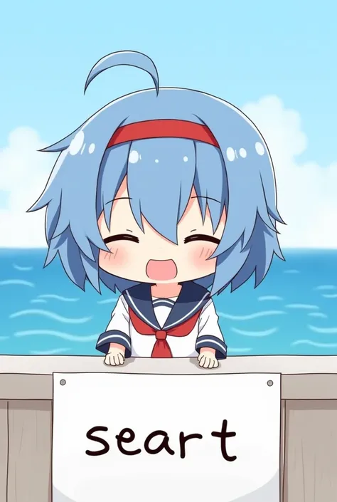 (Super Chibi Character,Super Deformed,Simple illustration,mascot,Lower your head:1.2),One girl,Happy smile,Ahoge,Short blue hair,Sailor uniform,Red headband,Ocean Background,(Letters written on a white board"SeaArt"),