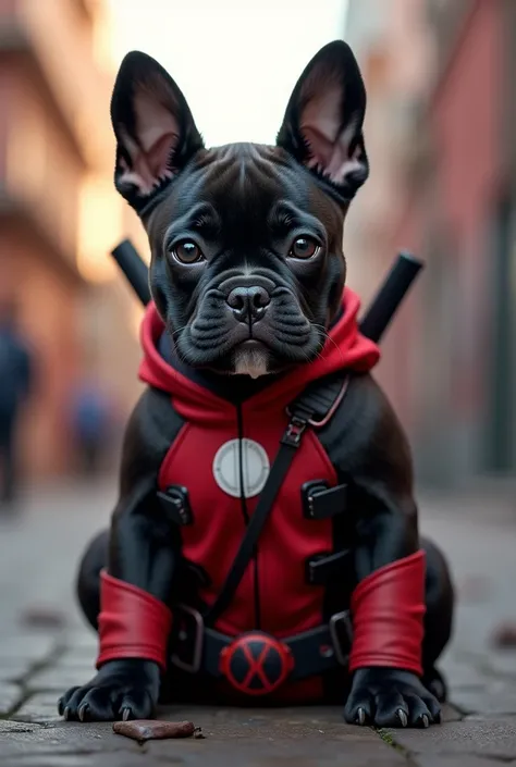 A dogpool but a black American bully with a white chest and uncropped ears wearing a Deadpool suit like a dogpool and smaller since I want him to be a puppy like he is , Apart from that she is a female