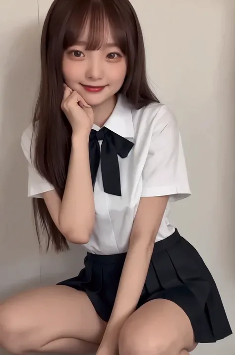 smile　Inside the room　White shirt　Black Mini Skirt　uniform　High image quality　squat　Looking this way　Place both hands on face　White panties are visible　Not too small bust　Shorten your skirt　Beautiful legs　Beautiful Hair　Height: 160cm
