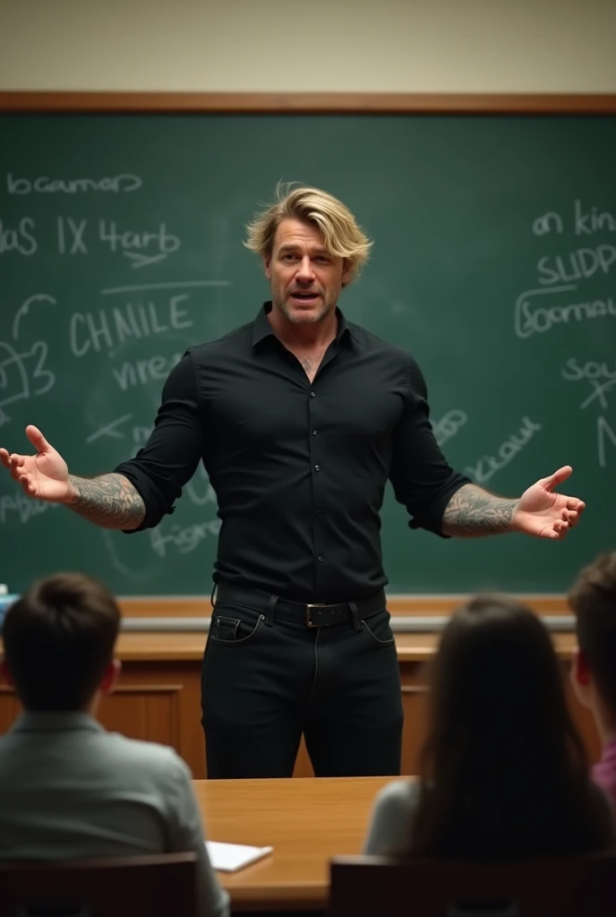 A handsome mature teacher teaches in a classroom behind the students. He&#39;s on the blackboard. Her hair is dark blonde, slightly long and messy.. He has many tattoos on his arm and his body is muscular.. He is wearing a black long-sleeved dress shirt th...