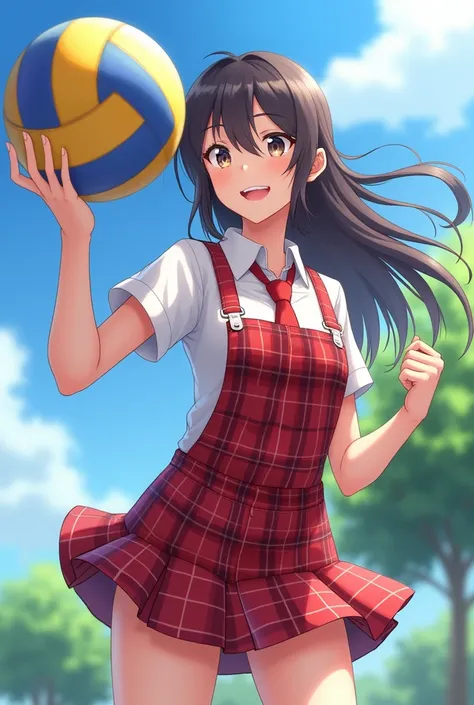 Give me another picture of a girl playing with a volleyball, but with a red plaid skirt overall and a white shirt with a red tie 
