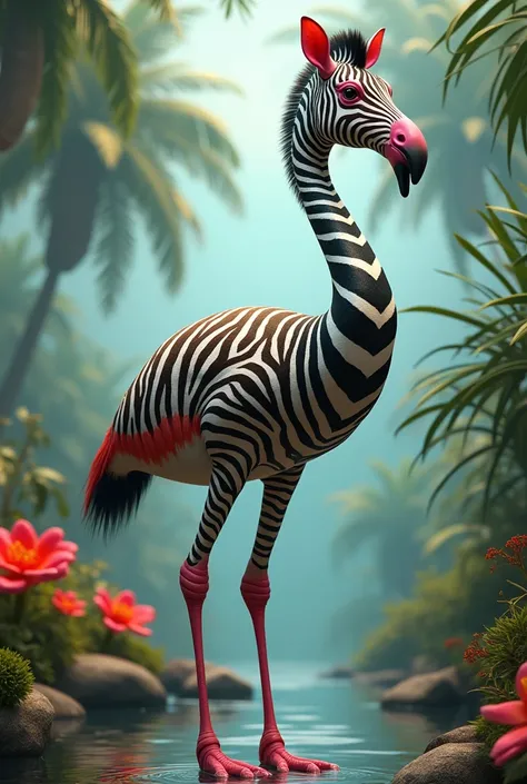 A new being, that is the combination of a zebra and a flamingo