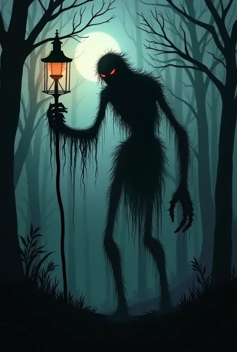 monster creature, scarecrow figure, distorted body, 4 arms, 1 arm hold a scythe, 1 arm hold a lamp above headd, scythe dragging on the floor, horror creature, terror, barely visible shining red eyes, slow walk as if tired, barely visible at twilight, dark,...