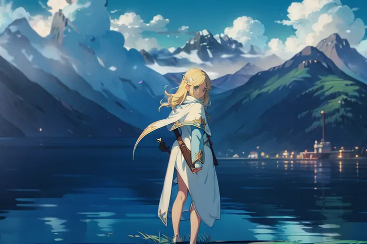 filo, (WithoutFear:1), 1 girl, blonde hair, blue eyes, white coat, light blue jeans, smile, nimble, light blue trident, blue cape, light blue mask, beach, wings, anime, standing, good quality, portrait, looking at viewer