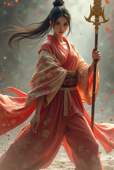 Realistic woman in fighting stance wearing a flowery kimono and wielding a golden battle spear