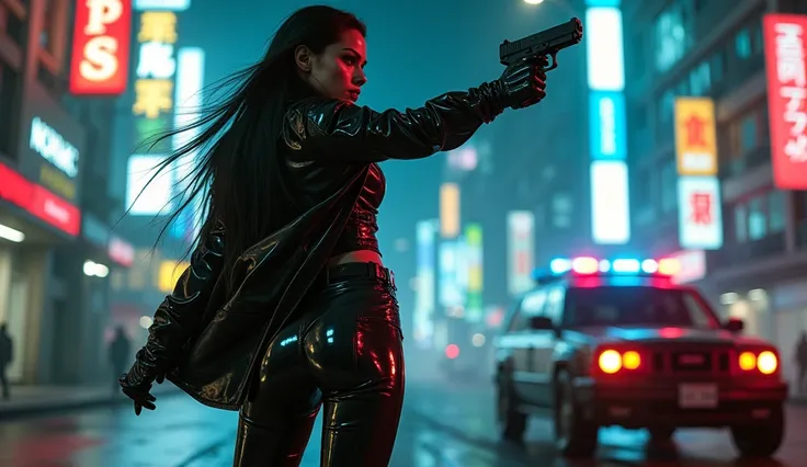 realistic photo , cyberpunk woman shooting gun , wearing black shinny pvc catsuit , shinny pvc rain coat , wearing shinny pvc thigh high boots , in cyberpunk street at night with cyberpunk police car