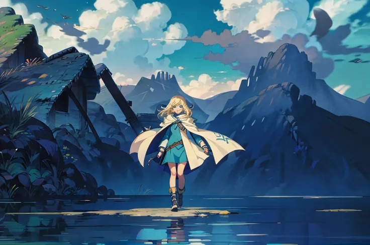 filo, (WithoutFear:1), 1 girl, blonde hair, blue eyes, white coat, light blue jeans, smile, nimble, light blue trident, blue cape, light blue mask, beach, wings, anime, standing, good quality, portrait, looking at viewer