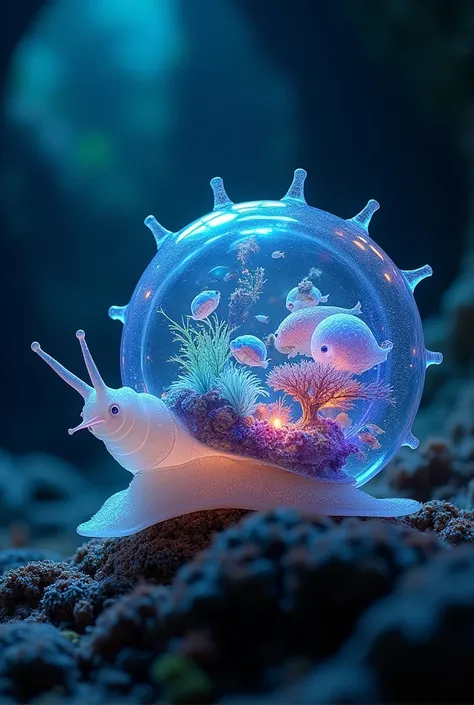 Imagine a snail with a transparent clear delicate shell of magical phenomenon sliding in a cavern, glass clear bioluminescent, beautiful coral reefs, growing inside the shell with fishes swimming inside the shell, strange inspirational most beautiful with ...