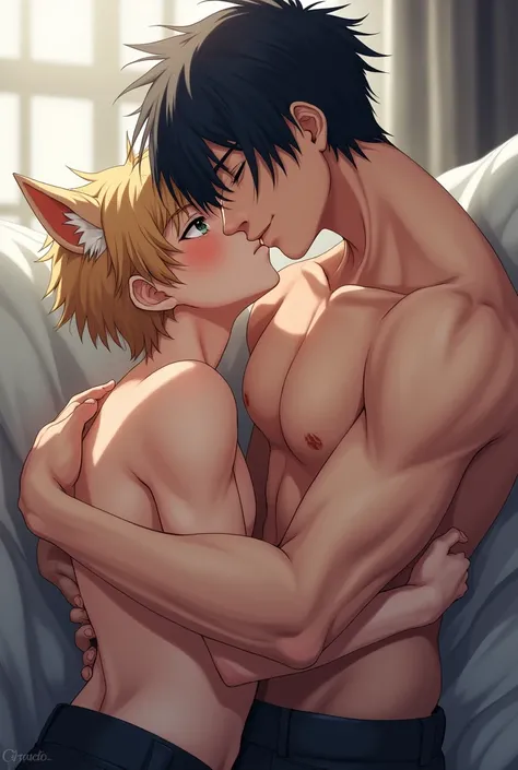 A  blonde haired brown eyed boy with dog ears kissing a 1 black haired blue eyed boy who is taller than the blonde boy and is shirtless and muscular 