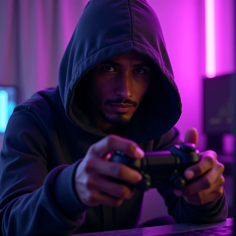 A character with medium-brown skin, their face partially covered by a hood, revealing just enough to keep an air of mystery. The dominant colors are violet and black, adding a dark, intriguing atmosphere. The character holds a video game controller, clearl...